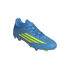 A blue Adidas F50 soccer cleat with three neon yellow stripes on the side, shown from a three-quarter angle against a black background.