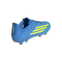 A bright blue Adidas F50 soccer cleat, shown from a rear three-quarter angle against a black background. The shoe features three neon yellow stripes on the side, the "F50" logo on the heel in the same color, and clear studs on the outsole.