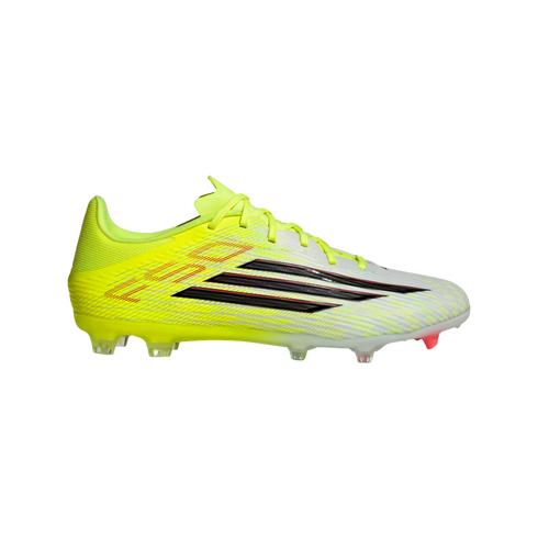 Side profile of a neon yellow and white Adidas soccer cleat with black stripes and a textured upper.