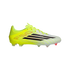 Side profile of a neon yellow and white Adidas soccer cleat with black stripes and a textured upper.