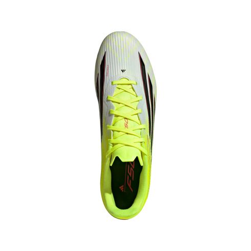 A top-down view of an Adidas F50 soccer cleat featuring a white and neon yellow upper with black and red accents, matching neon laces, and a black insole.