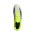 A top-down view of an Adidas F50 soccer cleat featuring a white and neon yellow upper with black and red accents, matching neon laces, and a black insole.