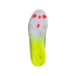 Bottom view of an Adidas soccer cleat soleplate with a white to neon yellow gradient and red triangular studs on the forefoot.
