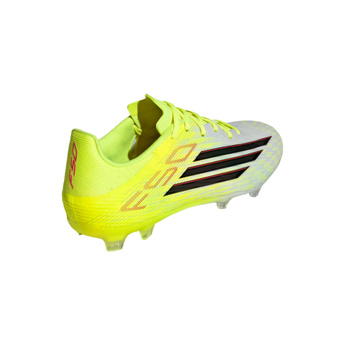 A neon yellow and white Adidas F50 soccer cleat with black stripes and clear studs, shown from a rear-side angle on a black background.
