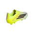 A neon yellow and white Adidas F50 soccer cleat with black stripes and clear studs, shown from a rear-side angle on a black background.