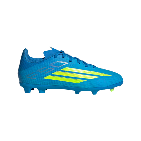 A side-profile view of a vibrant blue soccer cleat featuring three slanted lime-green stripes on its side, positioned against a solid black background.