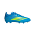A side-profile view of a vibrant blue soccer cleat featuring three slanted lime-green stripes on its side, positioned against a solid black background.