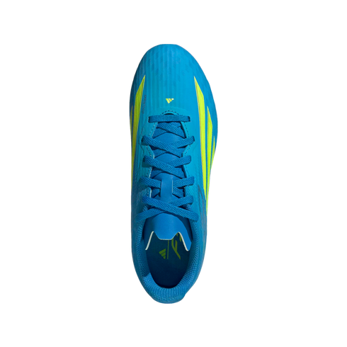 A top-down view of a bright blue Adidas soccer cleat with neon yellow accents and blue laces, set against a solid black background.