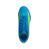A top-down view of a bright blue Adidas soccer cleat with neon yellow accents and blue laces, set against a solid black background.