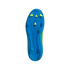 A bottom-up view of a bright blue soccer cleat soleplate with lime green chevron-shaped studs and the Adidas logo, centered against a black background.