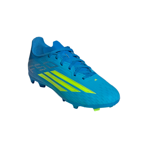 A bright blue Adidas F50 soccer cleat with neon yellow stripes and studs, set against a solid black background.