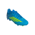 A bright blue Adidas F50 soccer cleat with neon yellow stripes and studs, set against a solid black background.