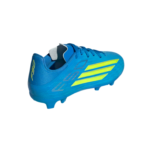 A bright blue soccer cleat viewed from a rear-side angle, featuring three neon yellow diagonal stripes on the side and "F50" in neon yellow on the heel.