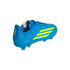 A bright blue soccer cleat viewed from a rear-side angle, featuring three neon yellow diagonal stripes on the side and "F50" in neon yellow on the heel.