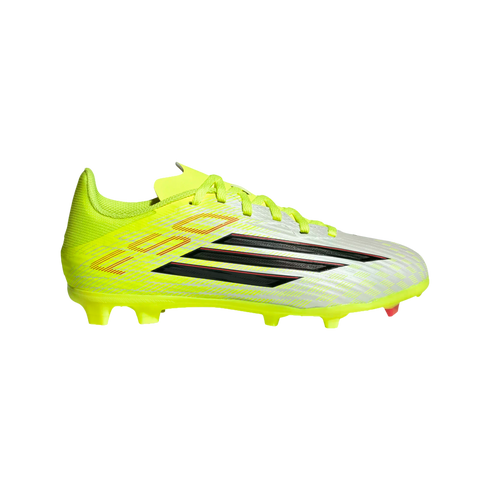 A neon yellow and silver Adidas soccer cleat with black stripes and red accents, shown from the side against a black background.