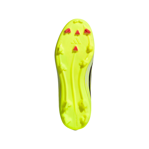 Bottom view of a neon yellow soccer cleat outsole with red and yellow studs, featuring the Adidas logo and "SPRINTPLATE 360" text on a black background.