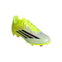Adidas F50 soccer cleat in neon yellow and white with three black stripes and matching laces, isolated on a black background.