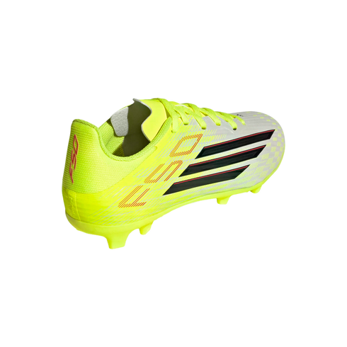 Neon yellow and white Adidas F50 soccer cleat with black stripes and red accents against a black background.