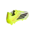 Neon yellow and white Adidas F50 soccer cleat with black stripes and red accents against a black background.