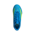 Top-down view of a bright blue Adidas athletic shoe with neon yellow accents and matching blue laces, centered on a black background.