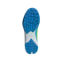 The blue and white textured outsole of an Adidas turf soccer shoe, featuring a dense pattern of small triangular cleats for traction and a white midfoot section.