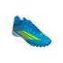 A bright blue Adidas soccer shoe with lime green accents, angled from the front/side against a solid black background. The shoe features blue laces and a multi-studded rubber outsole designed for artificial turf.