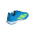 A bright blue and neon yellow Adidas F50 soccer cleat shown from a rear-angled view against a solid black background.