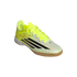 A neon yellow and white Adidas F50 indoor soccer shoe featuring black stripes and a gum rubber sole, shown at an angle against a black background.