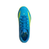 A top-down view of a bright blue Adidas F50 soccer shoe with lime green accents and blue laces, centered on a solid black background.