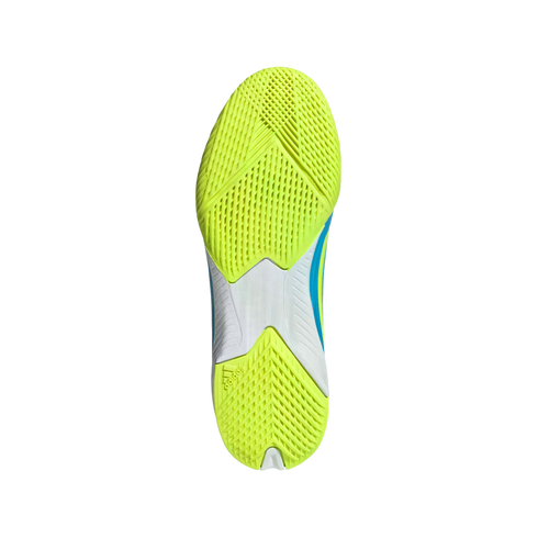 A top-down view of the sole of an Adidas athletic shoe against a black background. The outsole features bright neon yellow textured tread at the forefoot and heel, connected by a white midsection. The light blue side of the shoe is visible along the edges