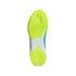 A top-down view of the sole of an Adidas athletic shoe against a black background. The outsole features bright neon yellow textured tread at the forefoot and heel, connected by a white midsection. The light blue side of the shoe is visible along the edges