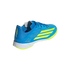 A bright blue Adidas F50 athletic shoe with lime green stripes and accents, featuring a white midsole and shown from a rear-three-quarter angle against a solid black background.