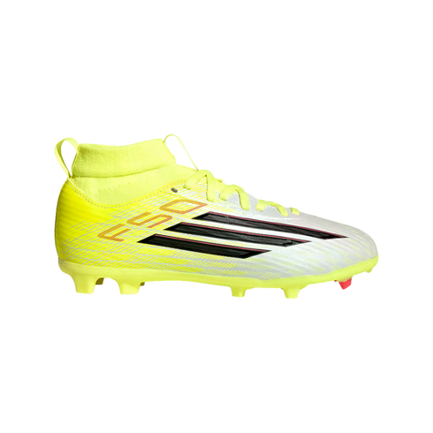 A neon yellow and white Adidas soccer cleat with black stripes and a high-top ankle collar, shown from a side profile against a black background.
