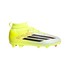 A neon yellow and white Adidas soccer cleat with black stripes and a high-top ankle collar, shown from a side profile against a black background.