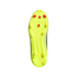 Bottom view of a neon yellow Adidas soccer cleat soleplate, featuring red and yellow studs and the brand logo embossed in the center.
