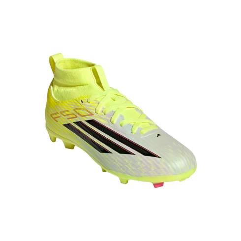 An Adidas F50 soccer cleat in neon yellow and white with black stripes and a high-top collar, shown on a black background.