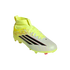 An Adidas F50 soccer cleat in neon yellow and white with black stripes and a high-top collar, shown on a black background.