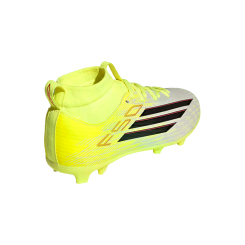 A neon yellow and white high-top soccer cleat with three black stripes and red accents, shown from a rear-side angle on a solid black background.