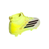A neon yellow and white high-top soccer cleat with three black stripes and red accents, shown from a rear-side angle on a solid black background.