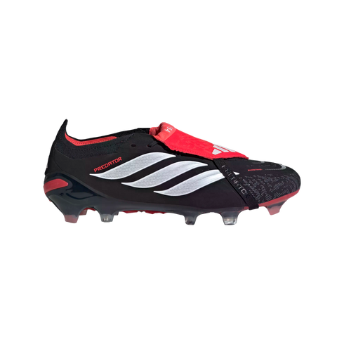 Side profile of a black Adidas Predator soccer cleat with three white stripes and a red fold-over tongue.
