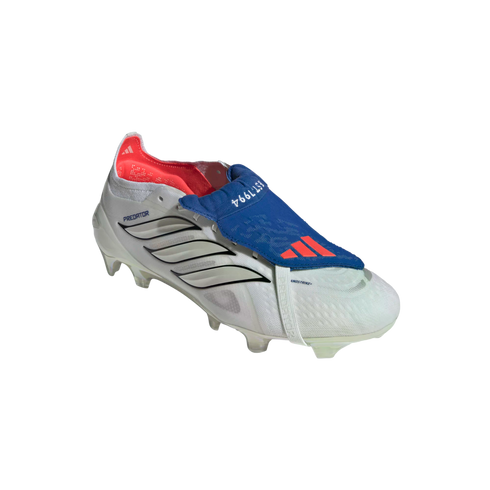 A white Adidas Predator soccer cleat featuring a prominent blue fold-over tongue with red accents and signature black side stripes.
