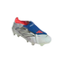A white Adidas Predator soccer cleat featuring a prominent blue fold-over tongue with red accents and signature black side stripes.
