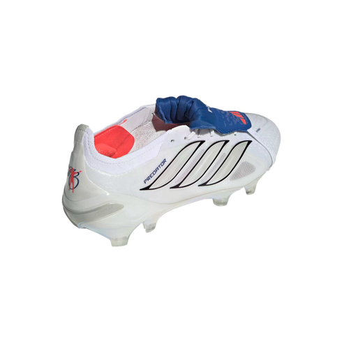 White Adidas Predator soccer cleat with black stripes and a blue fold-over tongue, shown from a rear side angle against a black background.