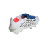 White Adidas Predator soccer cleat with black stripes and a blue fold-over tongue, shown from a rear side angle against a black background.