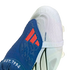 White and blue Adidas soccer cleat featuring a blue tongue with a red logo and white "EST. 1994" embroidery against a black background.
