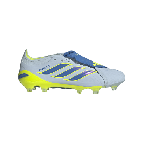 A side profile view of an Adidas Predator soccer cleat featuring a light blue upper, a bright yellow soleplate, and three iridescent blue stripes outlined in yellow, set against a solid black background.