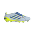 A side profile view of an Adidas Predator soccer cleat featuring a light blue upper, a bright yellow soleplate, and three iridescent blue stripes outlined in yellow, set against a solid black background.