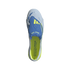 A bird's-eye view of a single Adidas Predator soccer cleat against a solid black background. The shoe is primarily light blue with a royal blue fold-over tongue featuring three yellow stripes and "EST. 1994" in lime green. The interior of the shoe is a vi
