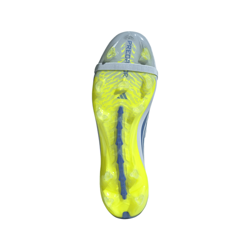 An underside view of a neon yellow Adidas Predator soccer boot soleplate featuring translucent studs, a blue central spine, and a light grey elastic band near the toe, all set against a black background.