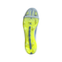 An underside view of a neon yellow Adidas Predator soccer boot soleplate featuring translucent studs, a blue central spine, and a light grey elastic band near the toe, all set against a black background.